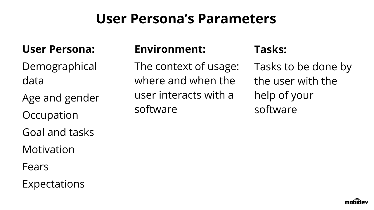 Example of the user persona parameters for UI/UX
