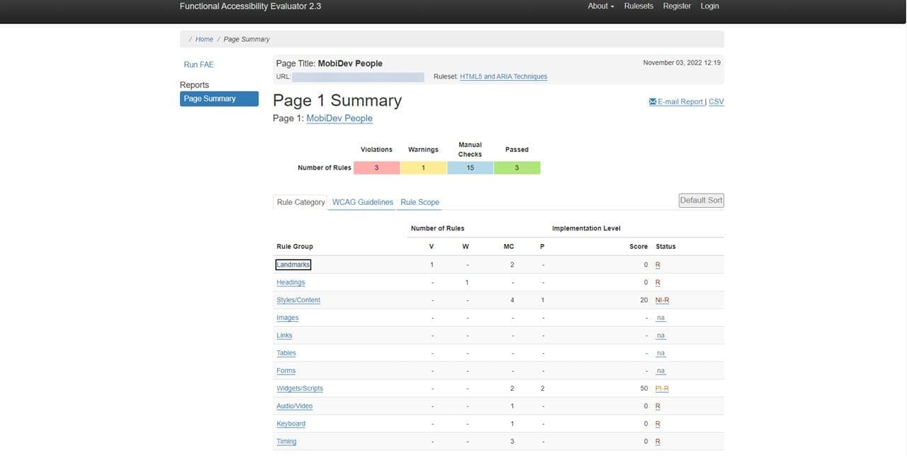 CSV Report of Functional Accessibility Evaluator (FAE) Tool