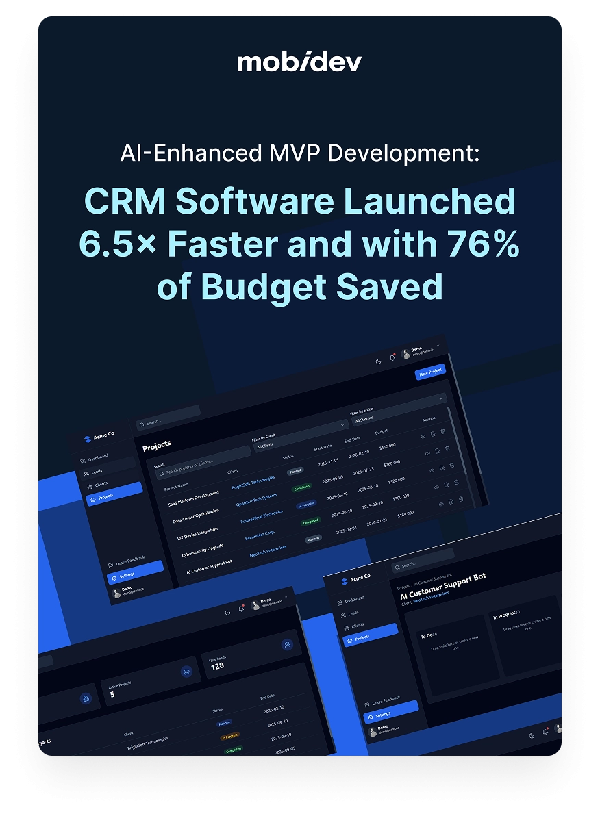 AI-Enhanced MVP Development: CRM Software Launched 6.5× Faster and with 76% of Budget Saved AI-Enhanced MVP Use Case: Cover